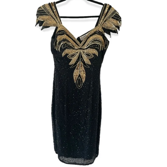 BLACK TIE black & gold beaded formal gown vintage womens dress zipper back NWT 8 - Picture 15 of 17